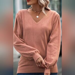 BEQUEMER LADEN Trendy Eyelet V-Neck Lantern Sleeve Sweater Apricot Sz M